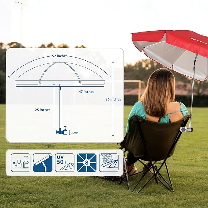 AMMSUN Chair Umbrella with Universal Clamp Adjustable 47 inches and 360° Swivel & UPF 50+ Protection Portable Sun Umbrella, Secure Clip on Camping/Beach Chairs, Stroller, Wheelchair, Golf cart, Lounger, Red, 2 PACK