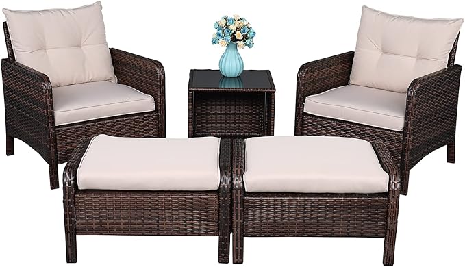 HomVent 5 Piece Wicker Patio Furniture Set, PE Wicker Rattan Outdoor All Weather Patio Sofa and Ottoman, Outdoor Bistro Set Patio Conversation Set with 2 Cushioned Chairs, 2 Ottomans & Coffee Table