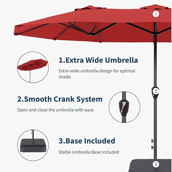 15FT Double Sided Patio Umbrella with Base Included Large Outdoor Market Umbrella with Crank Handle, UV Resistant Canopy, Sturdy Frame for Garden, Poolside, Deck, Red