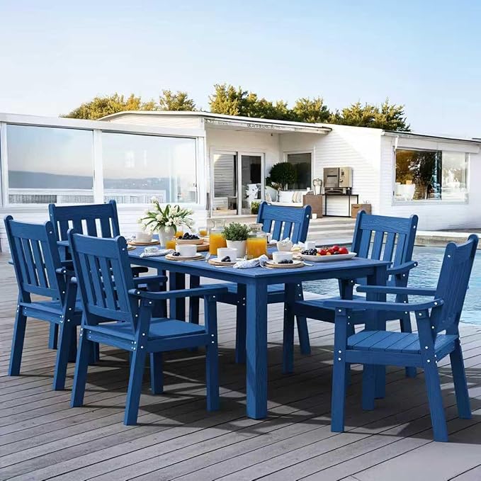YEFU HIPS Patio Table Set: 7 Piece Outdoor Table and Chairs Dining Furniture Set with Umbrella Hole - Blue Modern Plastic Dining Sets 6 Person for Outside Deck with Metal Aluminum Frame