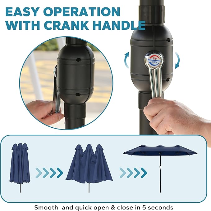 12.5ft Outdoor Patio Double-sided Umbrella with Crank Handle, Large Umbrella for Garden, Poolside, Backyard (Navy)