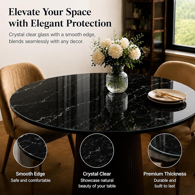 30" Round Tempered Glass Table Top, 5/16" (8mm) Thick, Marble Pattern Replacement, Heavy-Duty, Heat & Scratch Resistant for Coffee, Dining & Patio Tables, Black