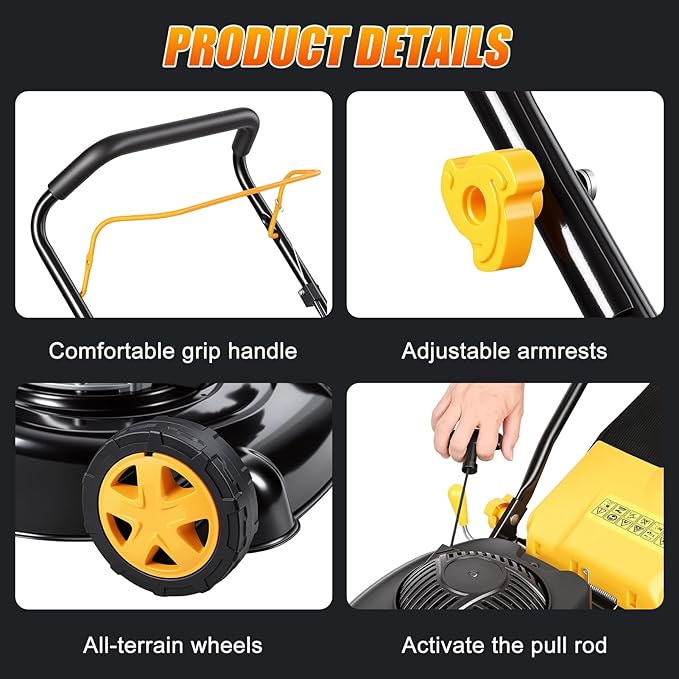 16” Self Propelled Gas Push Lawn Mower,132cc 4-Stroke Air-Cooled Engine,3-in-1 Mowers with 45L Grass Catcher,8-Position Cutting Height (25-75mm),400mm Cutting Width,Hand Push Lawn Mower for Yard