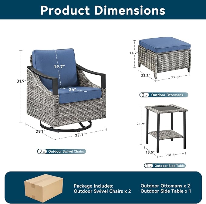 5 Pieces Wicker Outdoor Patio Furniture Set-All-Weather Wicker Patio Swivel Glider Chairs with 2 Ottoman and Glass Side Table, Outdoor Patio Conversation Sets for Porch Balcony Deck Blue/Grey