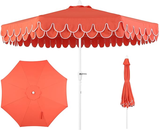 JONATHAN Y Tracy 9 ft. Outdoor Patio Umbrella with Scalloped Edge, Coastal Market Table Umbrella with Crank Lift and Tilt, 8 Sturdy Ribs UV Resistant for Pool, Coral Red, White Pole UMB1002F