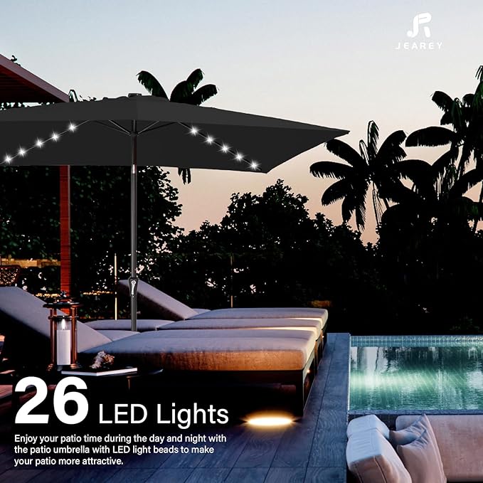 JEAREY 6.5x10 ft Rectangular LED Lighted Patio Umbrellas Outdoor Solar Table Market Umbrella w/Push Button Tilt/Crank, 6 Sturdy Ribs, UV Protection Waterproof Sunproof(Black)