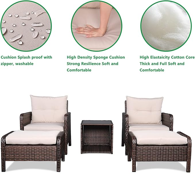 HomVent 5 Piece Wicker Patio Furniture Set, PE Wicker Rattan Outdoor All Weather Patio Sofa and Ottoman, Outdoor Bistro Set Patio Conversation Set with 2 Cushioned Chairs, 2 Ottomans & Coffee Table
