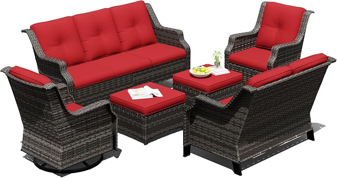Outdoor Patio Furniture Set, 6 Piece Wicker Patio Furniture with Thick Cushions, Curved Armrest, Deep Seating, Outdoor Swivel Rocker Chairs for Porch, Deck, Balcony
