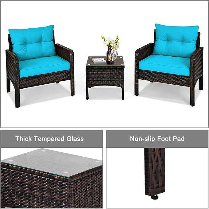 KOTEK 3 Piece Patio Furniture Set, Outdoor Wicker Conversation Bistro Set with 4 Cushions, All Weather PE Rattan Furniture Set for Garden, Backyard, Porch, Poolside (Turquoise)