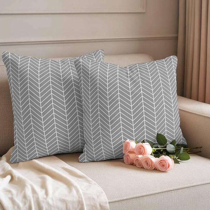 Outdoor Waterproof Throw Pillow Covers Set of 2 Grey Chevron Stripes Pillowcases 24x24 Inches Modern Geometric Texture Decorative Pillows Cushion Case Patio Pillows for Couch Bed Chair Garden