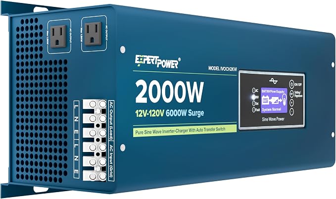 ExpertPower 2000W Pure Sine Wave Inverter Charger | Peak 6000W | DC 12V - AC 110V | LifePO4/ Lithium Battery Compatible | Auto Transfer Switch | LCD Display