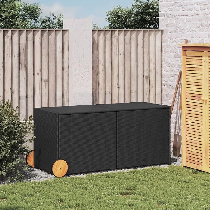 74.8 Gal Wicker Garden Storage Box with 2 Wheels, Patio Rattan Deck Box, Patio PE Rattan Storage Container, Black Poly Rattan,-907