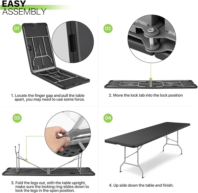 Magshion 8ft Plastic Folding Table with Handle for Indoor Outdoor, 8 Foot Utility Commercial Craft Foldable Table for Party Events, Black