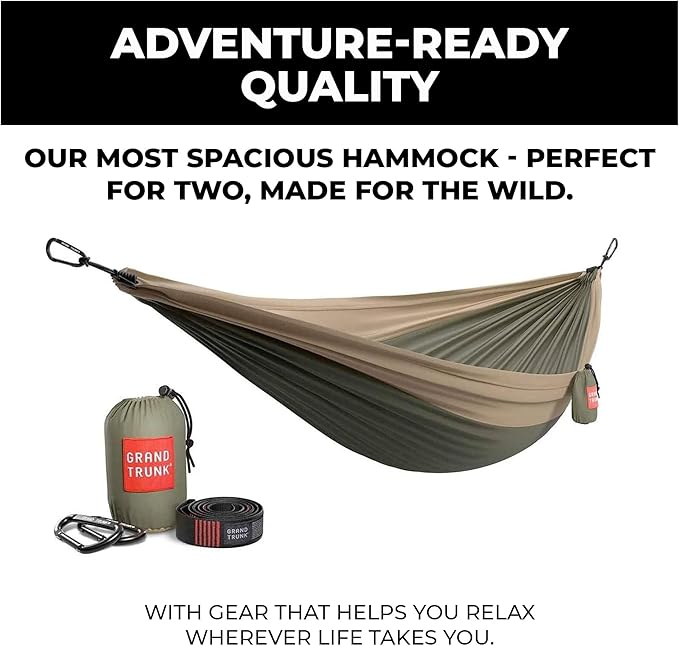 GRAND TRUNK TrunkTech Double Hammock | Ultra-Strong & Lightweight | 11 ft Hammock with Ripstop Nylon | 500 lb Capacity | Fast-Drying & Weather-Resistant | Green Mamba