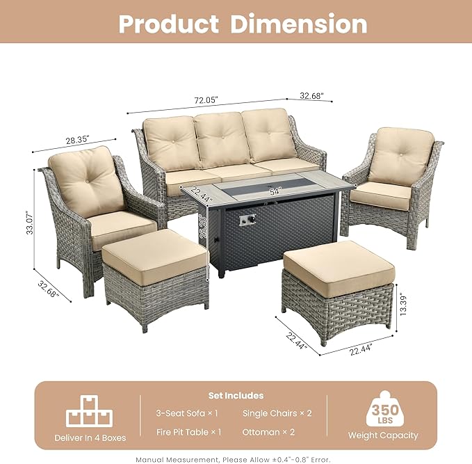 HOOOWOOO Patio Furniture Set,6 Pieces Wicker Outdoor Furniture,High Back Conversation Set with All Weather Resistant Fire Pit Table Couch Chairs Ottomans,Beige Tan
