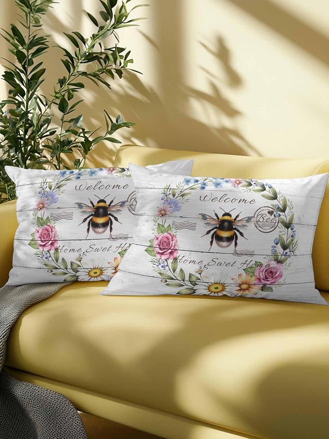 Outdoor Waterproof Throw Pillows Rustic Bee Flower Wreath Patio Pillows,Decorative Pillow Covers with Insert,Pillow Cushion Case for Garden Couch Sofa Farmhouse White Wood Board