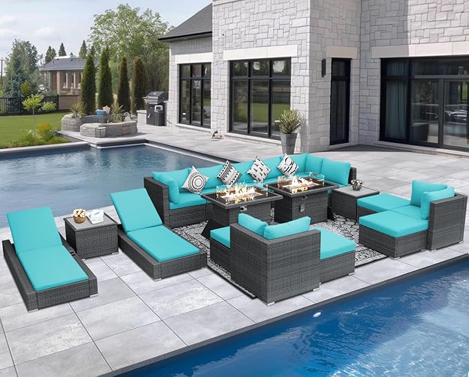 NICESOUL 18 Piece Outside Patio Set with Firepit and Loungers, Luxury Huge Complete Outdoor Sectional Sets with Fire Pit Table, 14-Seater Wide Deep Seated Sofa Modular for Deck,Poolside Gray&Turquoise