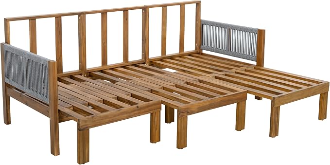 JIVOIT Outdoor Patio Daybed with Rope-Woven Armrests, Convertible Outdoor Sleeper Sofa with Acacia Wood Frame, 3 Seat Patio Sunbed for Backyard, Pool (Gray/85)