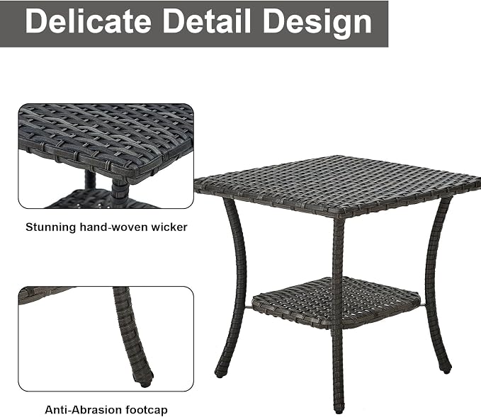 Patio Table Outdoor Side Tables - Wicker Coffee Table with 2-Shelf Storage Rattan End Table Square for Outdoor Patio Porch Deck Balcony Garden(Mixed Grey/Wicker Top)