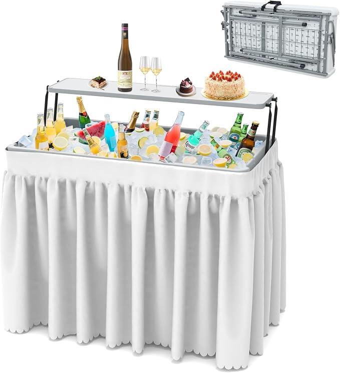 Ice Cooler Folding Table,Double-Layer Party Chilling Table with Drain and Detachable White Skirt to Keep Drinks Cool for Weddings, Outdoor, Picnics, Pool Parties