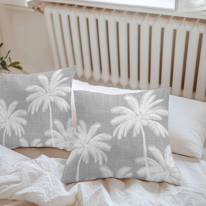 Outdoor Pillow Covers 18x18 Inch Set of 2, Grey Palm Trees Waterproof Throw Pillow Covers, Farmhouse Tropical Summer Beach Decorative Cushion Pillowcases for Couch, Sofa, Bed, Garden, Patio