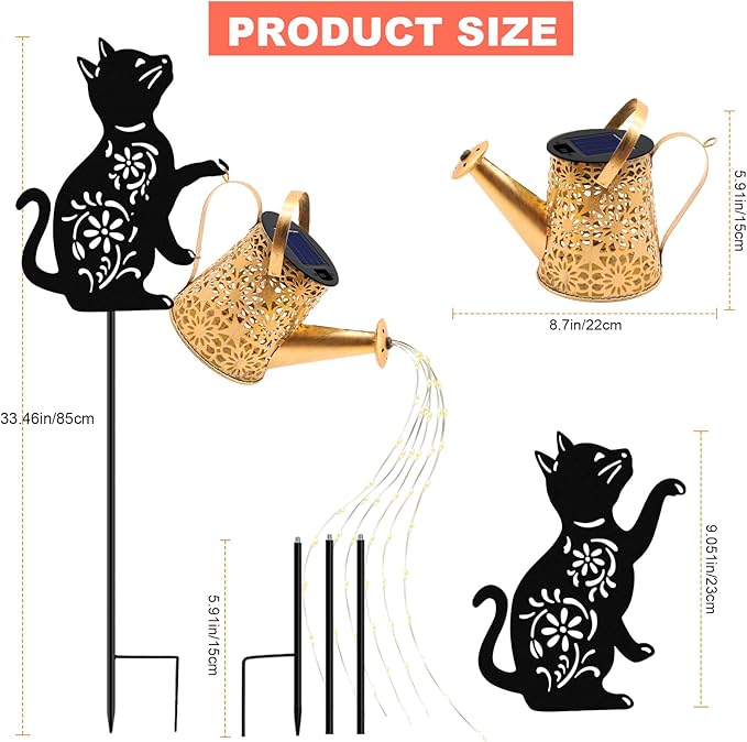 VOOKRY Solar Watering Can Lights Outdoor with Cat Silhouette Stake, Garden Gifts for Mom, Women & Garden Lovers Waterproof Metal Garden Lantern, Decorative Yard Patio Lawn Pathway Decor(1 Pack)