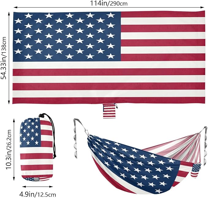 American Flag Camping Hammock, Portable Lightweight Single Hammock with Tree Straps and Aluminum Carabiners, 114" x 54" Travel Hammock for Hiking Backpacking Beach