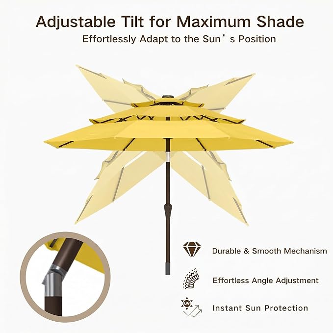 Kingdura 10ft 3-Tier Patio Umbrella with Solar Lights, Table Umbrella Outdoor Patio with Easy Crank & Tilt, 8 Sturdy Ribs, UV Protection, 32 LED Lights for Deck, Poolside, Market (Yellow)