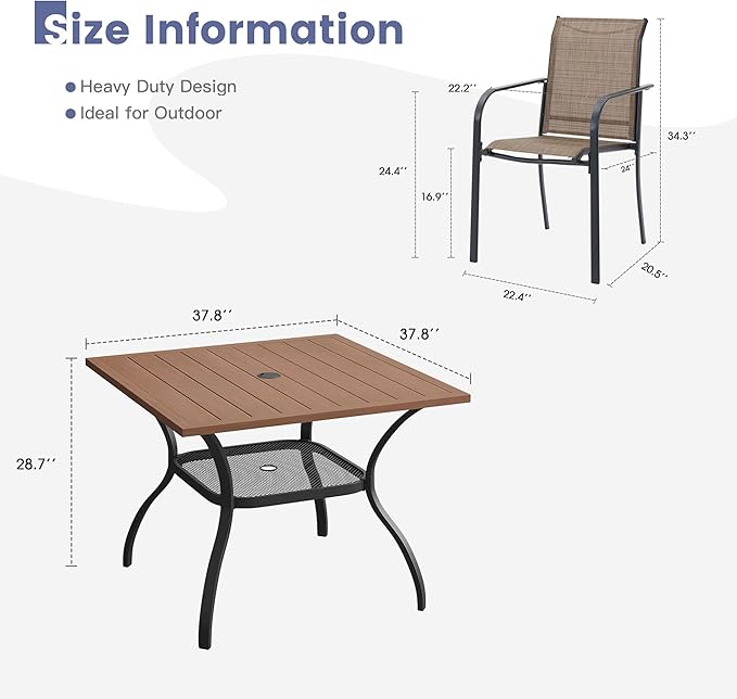 VICLLAX Outdoor Dining Set for 4, Patio Furniture Set of 4 Patio Stackable Dining Chairs and Outdoor Metal Square Table with Umbrella Hole for Backyard Lawn Garden, Brown Chairs and Walnut Table