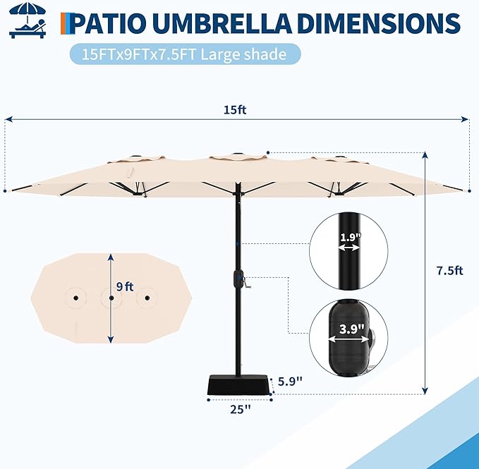 Double-Side Rectangular Pool Umbrella, 15ft Large Patio Umbrella with Base Included, Outdoor Market Umbrellas for Poolside Lawn Backyard