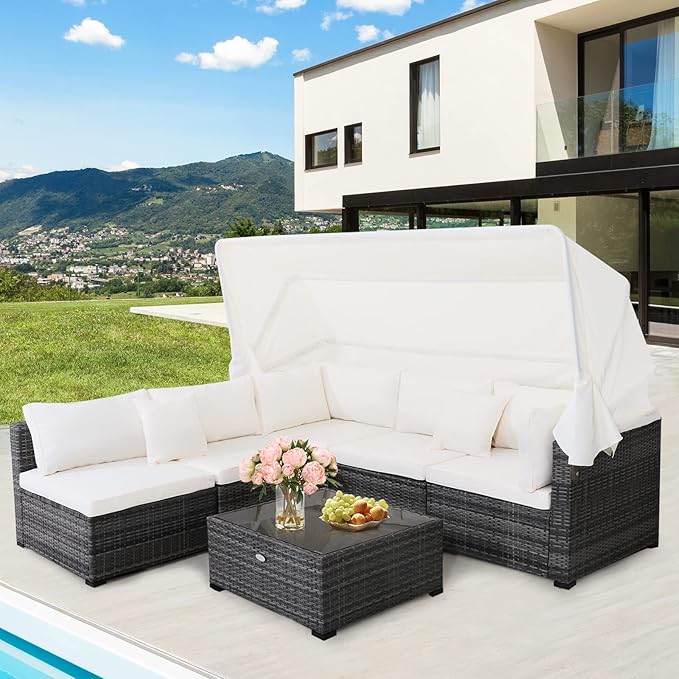 Tangkula 6-Piece Patio Furniture Set w/Retractable Canopy, Outdoor Conversation Set w/3-Seat Daybed Sofa, Soft Cushions and Tempered Glass Coffee Table, All-Weather PE Rattan Sectional Sofa Set