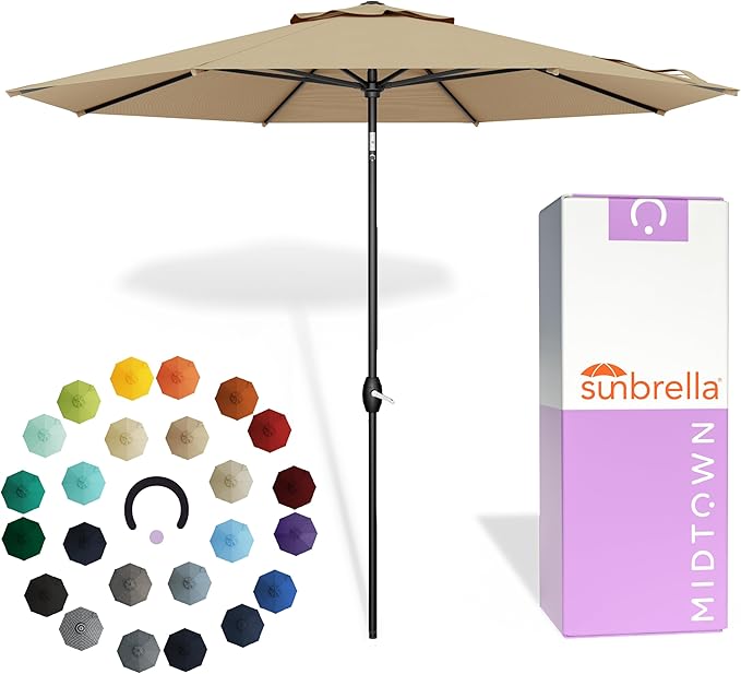 Midtown Umbrellas - The Lean 9 Ft Patio Umbrella with Fade-Resistant Sunbrella Fabric, Auto-Tilt Aluminum Frame and 8 Reinforced Ribs for Deck, Pool & Garden - Heather Tan Canopy, Black Pole