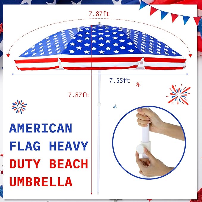 7.9ft 4th of July Patriotic Beach Umbrella Large American Flag Heavy Duty Wind Grade Red Blue White Umbrella UV 50+ for Patio Outdoor Independence Day