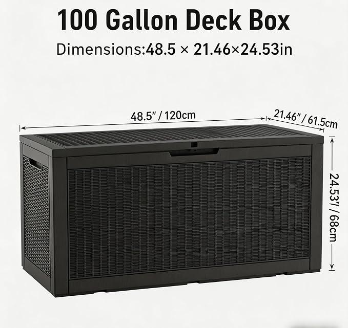 LAUSAINT HOME 100 Gallon Resin Deck Box, Package Delivery Box with Lockable Lid, Waterproof Outdoor Storage Box For Garden Tools, Patio Cushions(100 Gallon,Black)
