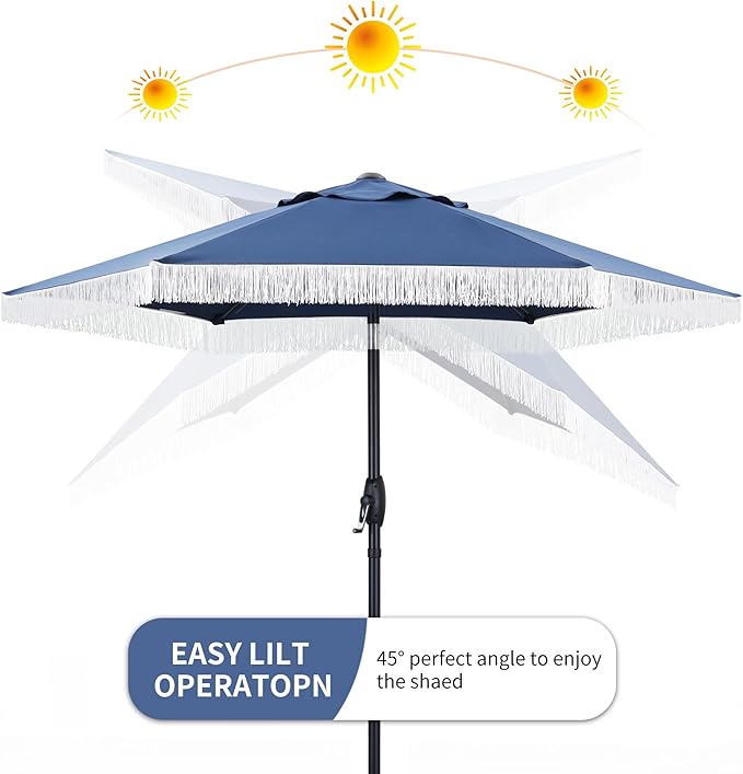 GDY 7.5FT Tassel Patio Umbrella Outdoor Table Umbrella,Market Umbrella with 6 Sturdy Ribs, with Push Button Tilt and Crank for Garden, Lawn, Deck, Backyard & Pool (Dark Blue)