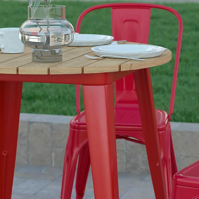 EMMA + OLIVER Drew Dining Table - Brown 30" Round Poly Resin Table Top - Red Steel Base - All-Weather for Indoor/Outdoor Use