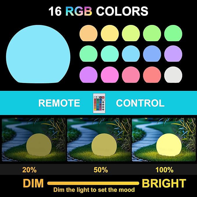 shumi Solar Ball Light-10 Inch LED Outdoor Table Lamp 16 RGB Colors and Dimmable Globe Light with Remote, Decor for Patio, Garden, Yard, Beach, Pathway