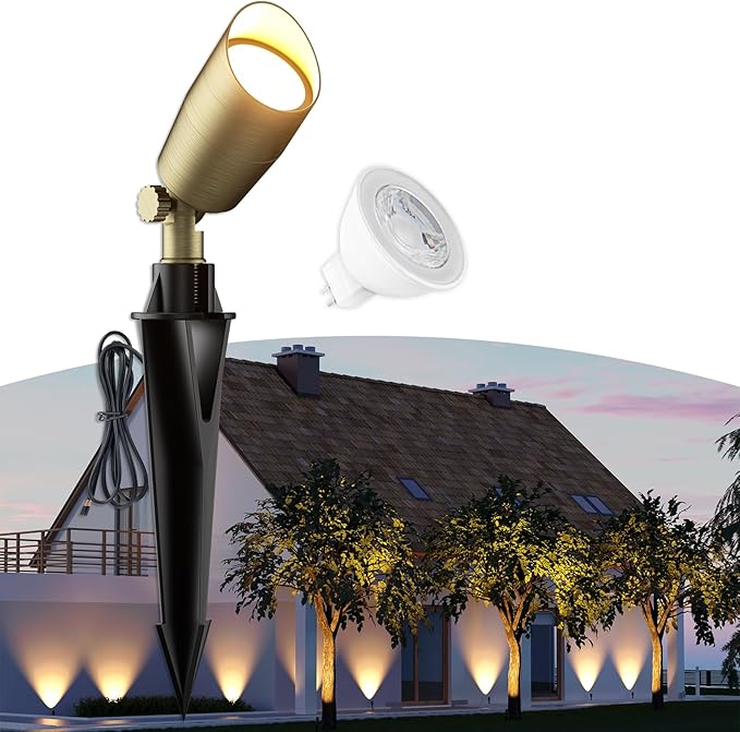 Low Voltage Brass Landscape Light, Solid Outdoor Spotlight with Replaceable MR16 LED Bulb 5W, 2700K Warm White, 12V 24V Landscape Lighting, Waterproof Design for Garden, Yard