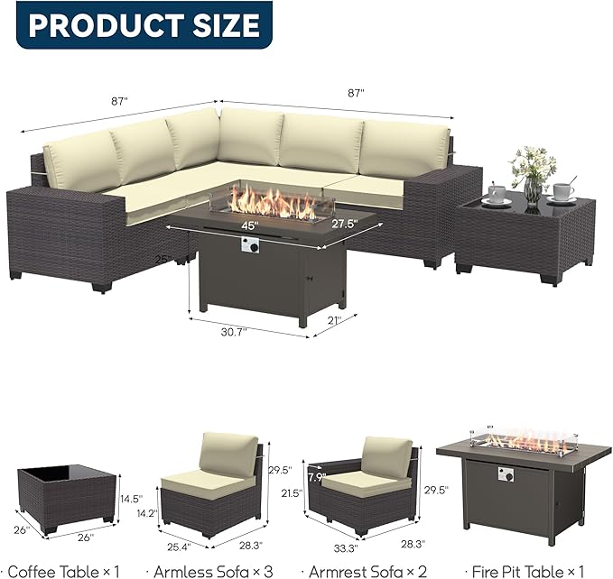 Patio Furniture Set 7 Pieces Outdoor Furniture Patio Conversation Set w/43in Aluminum Gas Fire Pit,PE Rattan Wicker 7 Pcs Outdoor Sofa Set w/55000 BTU Propane Fire Pit Table,Cream