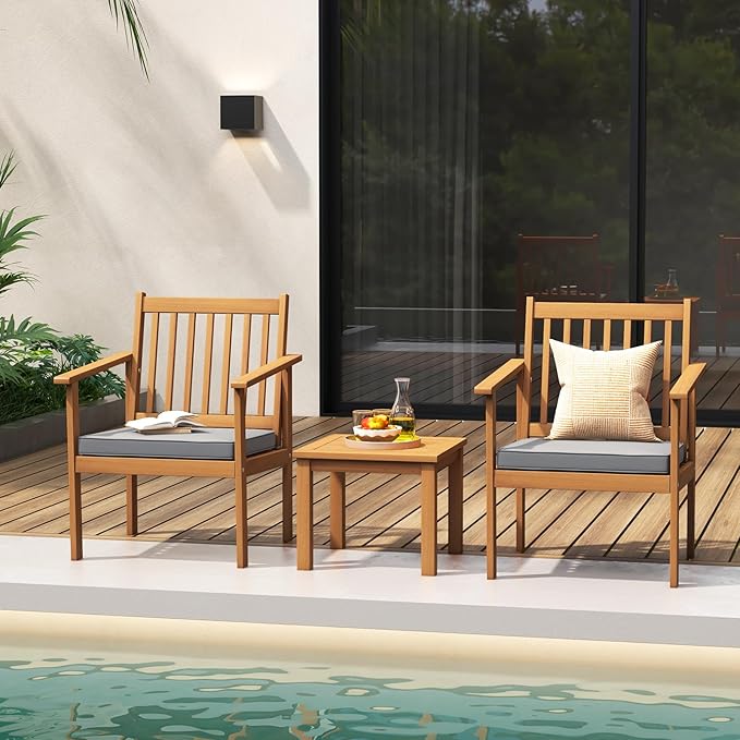 Tangkula 3 Pieces Patio Wood Furniture Set, Acacia Wood Chairs and Coffee Table Set with Soft Cushions, Slatted Design, Outdoor Furniture Set for Porch, Yard, Balcony (Grey)