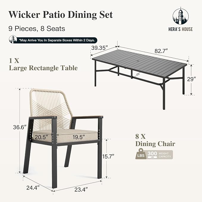HERA'S HOUSE 9pc Patio Dining Set, Outdoor 83" Metal Table & Rattan Chairs | Rectangle table with umbrella hole, 8 cushioned chairs. Waterproof, rust-resistant, all-weather for backyard, porch.