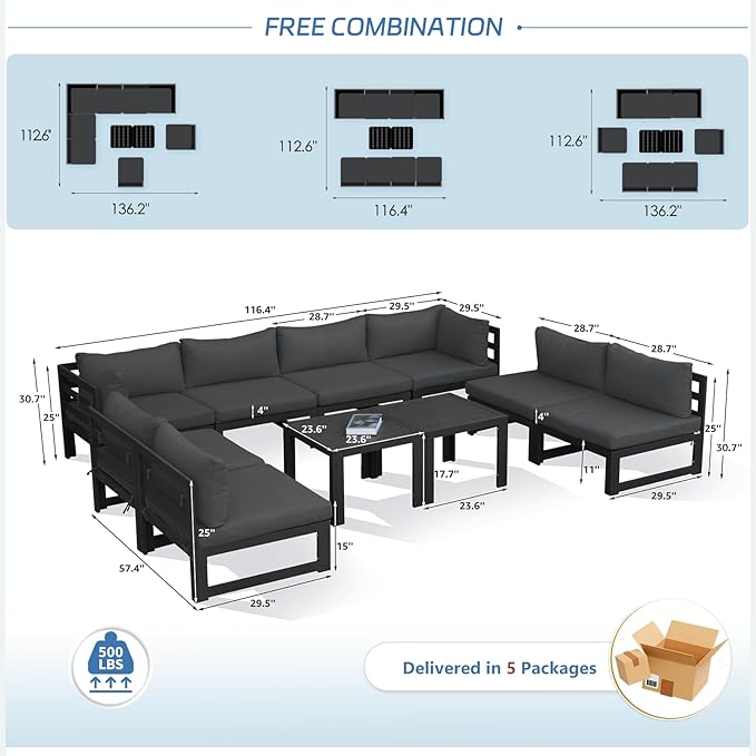 NICESOUL 8 Person Modern Aluminum Outdoor Patio Furniture Set, 29" Wide Deep Seating, All-Weather Anti-Rust L Shaped Modular Sectional Couch, Large Comfy Conversation Set for Backyard Lawn, Dark Gray