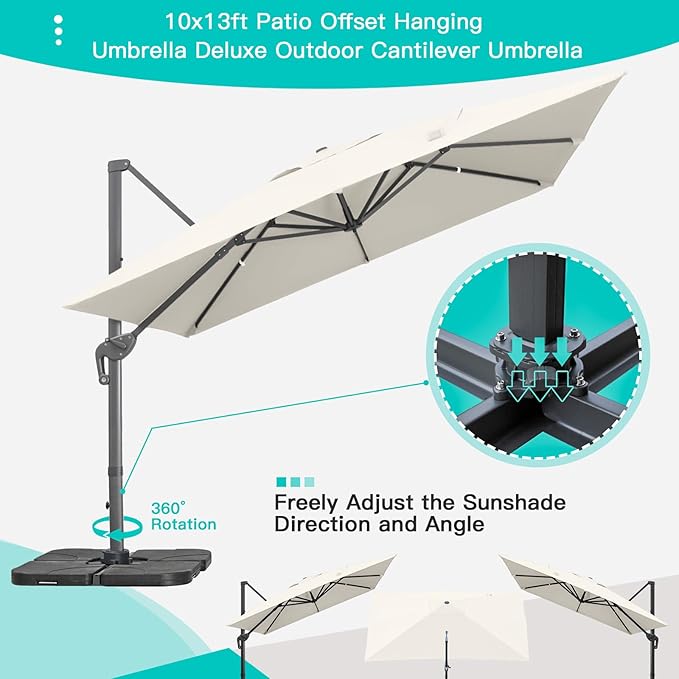 Sunnyglade 10x13Ft Cantilever Patio Umbrella Rectangular Deluxe Offset 360°Rotation & Integrated Tilting System Hanging Umbrella for Market Garden Deck Pool Backyard Patio (Beige, 10 x 13 ft)