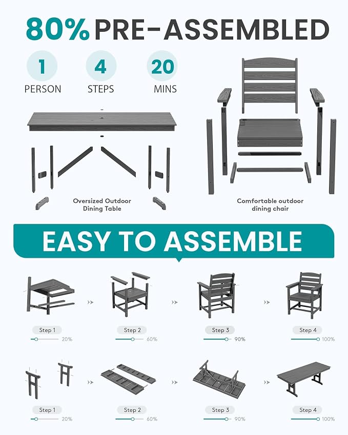 SERWALL Outdoor Dining Chairs Set of 2, All-Weather HDPE Patio Chair with 19.7" Widened Seat, for Backyard, Garden, Gray