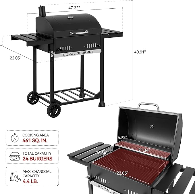 Royal Gourmet 24-Inch Movable Charcoal BBQ Grill with Foldable Side Shelves, Temperature-Controlled, 461 Sq., Ideal for Backyard Party, Outdoor Picnic, Patio Cooking, Garden Grilling, Black