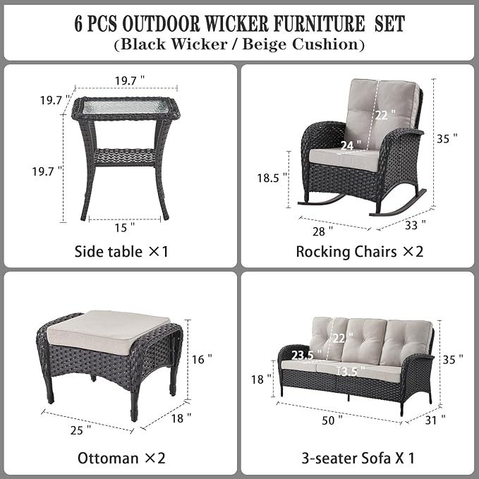 Belord Patio Rocking Chairs Furniture Set of 6, Outdoor Wicker Furniture Sets with Wicker Rocker, Small Patio Conversation Sets with Outdoor Couch Ottomans Black/Beige