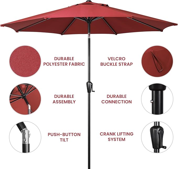 Sun-Ray 9' Round Patio Umbrella with Push-Button Tilt and Hand Crank Lift System, Market Umbrella for Porch, Deck, and Patio