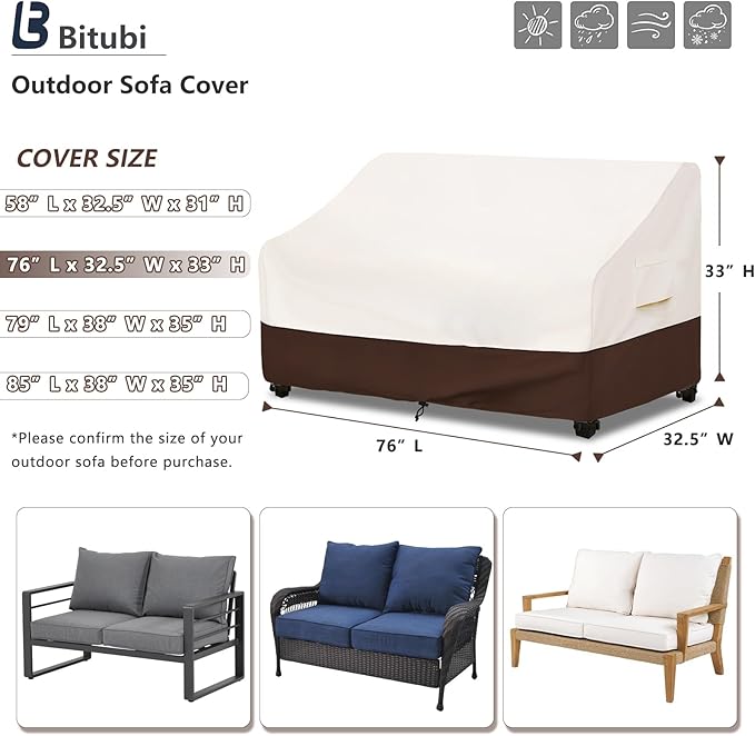 Bitubi Waterproof Patio Sofa Cover, Heavy Duty 3-Seater Outdoor Couch Cover Size Up to 76W x 32.5D x 33H Inches, Lawn Patio Furniture Covers with Air Vent (Brown)