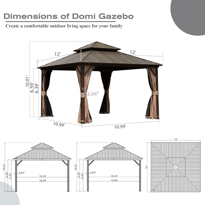 Domi 12' x 12' Hardtop Gazebo, Outdoor Metal Gazebo for Patios with Galvanized Steel Double Roof, Heavy Duty Curtains and Netting Included, Permanent Pergola for Backyard, Garden Lawn, Brown
