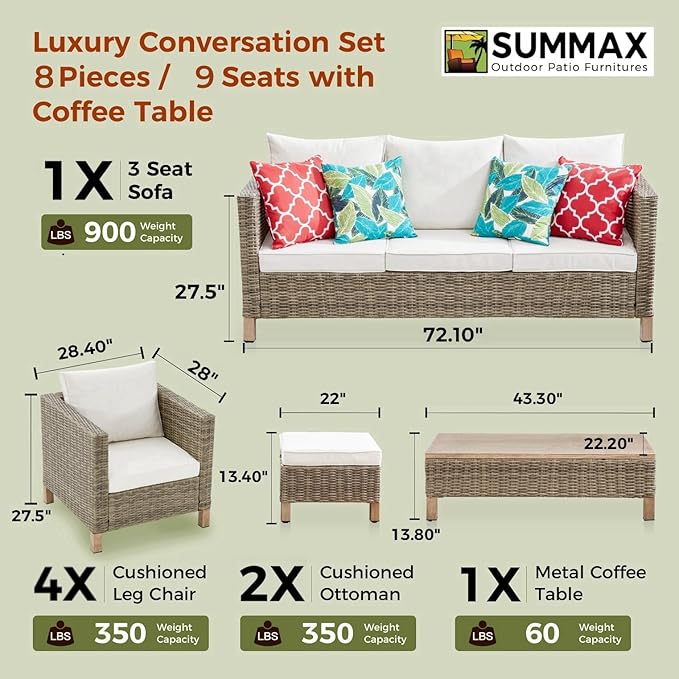 8 Pieces Patio Furniture Sets with Metal Top Coffee Table, All Weather Wicker Rattan Sectional Sofa Outdoor Furniture Conversation Set for Porch, Poolside, Garden, Backyard. (Beige)